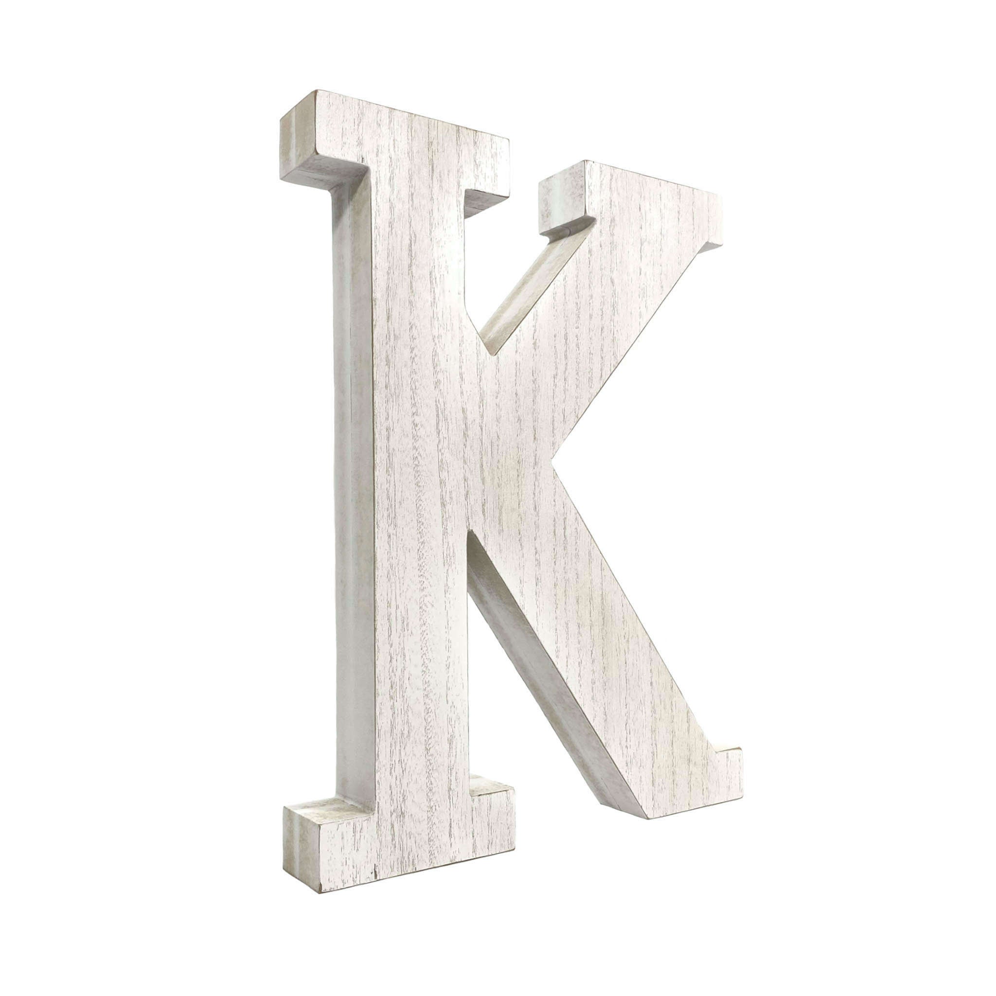 16" Distressed White Wash Wooden Initial Letter K Sculpture