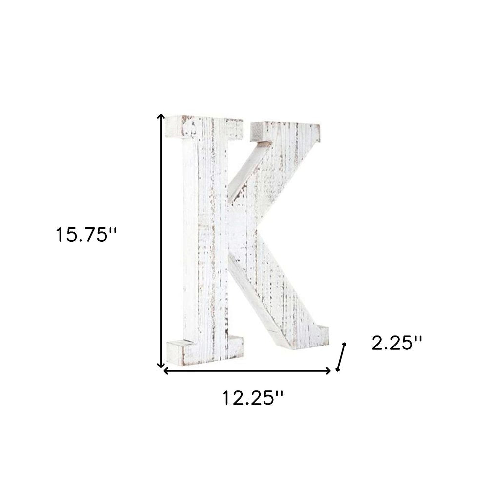16" White Distressed Wood Letter K Tabletop Sculpture