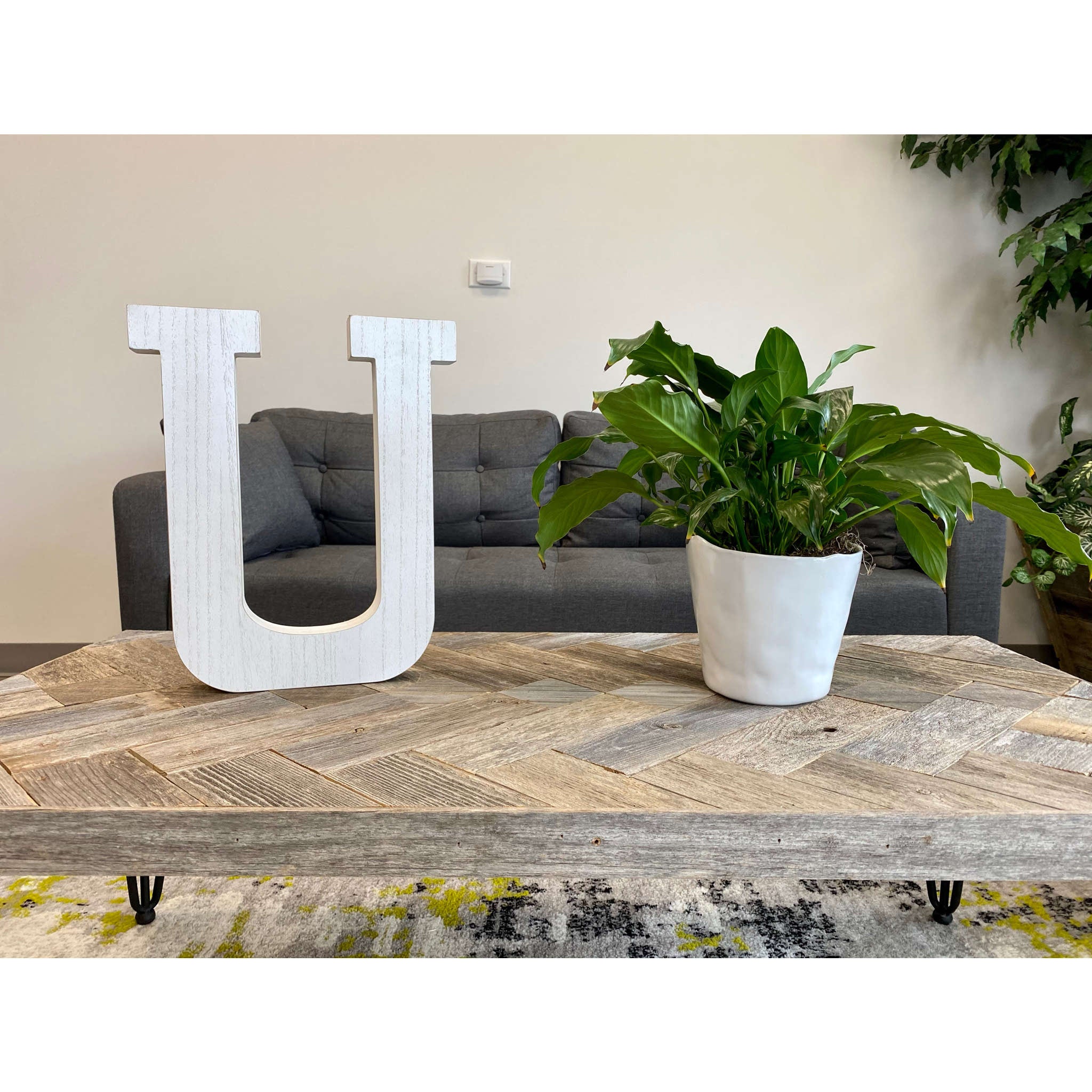 16" Distressed White Wash Wooden Initial Letter U Sculpture