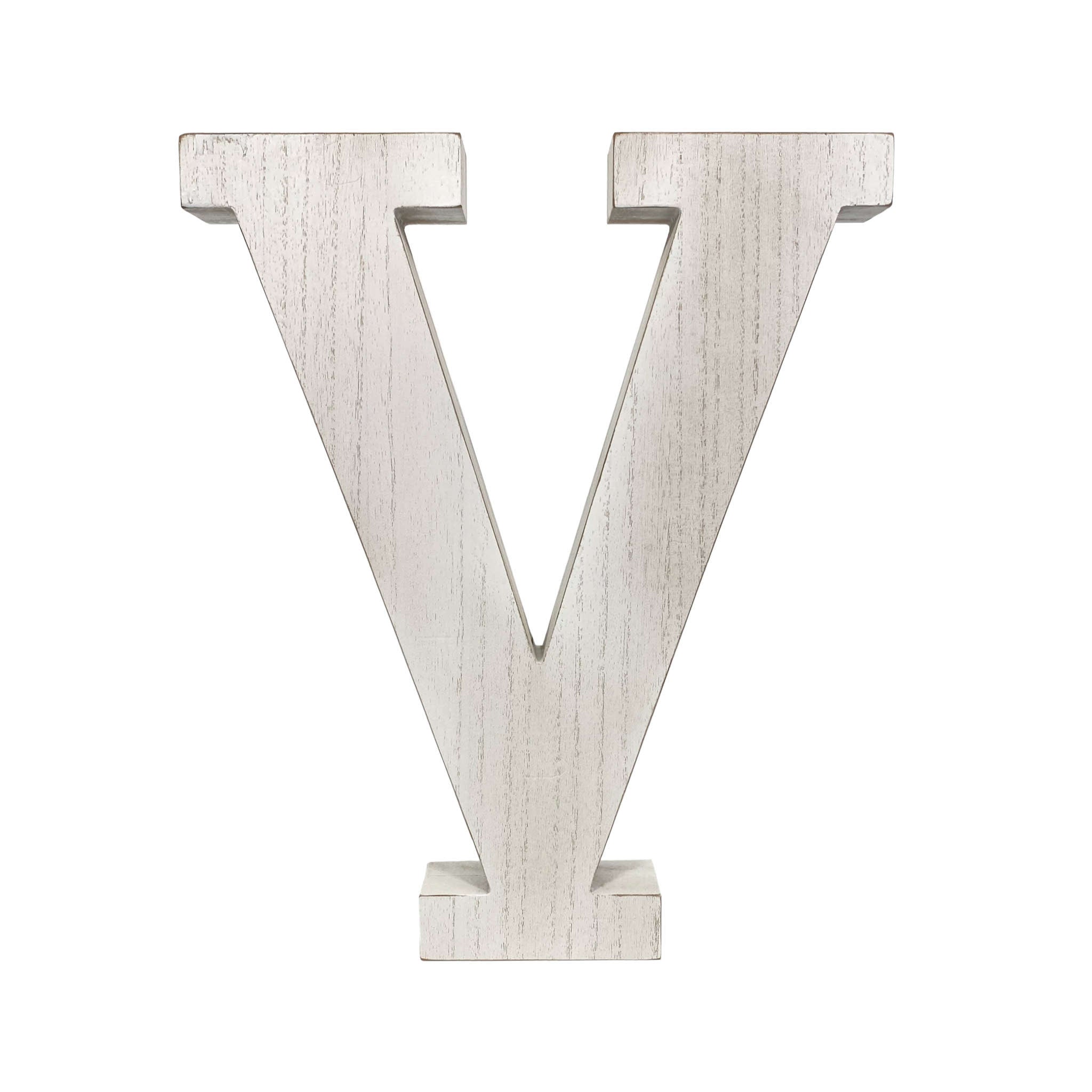 16" Distressed White Wash Wooden Initial Letter V Sculpture