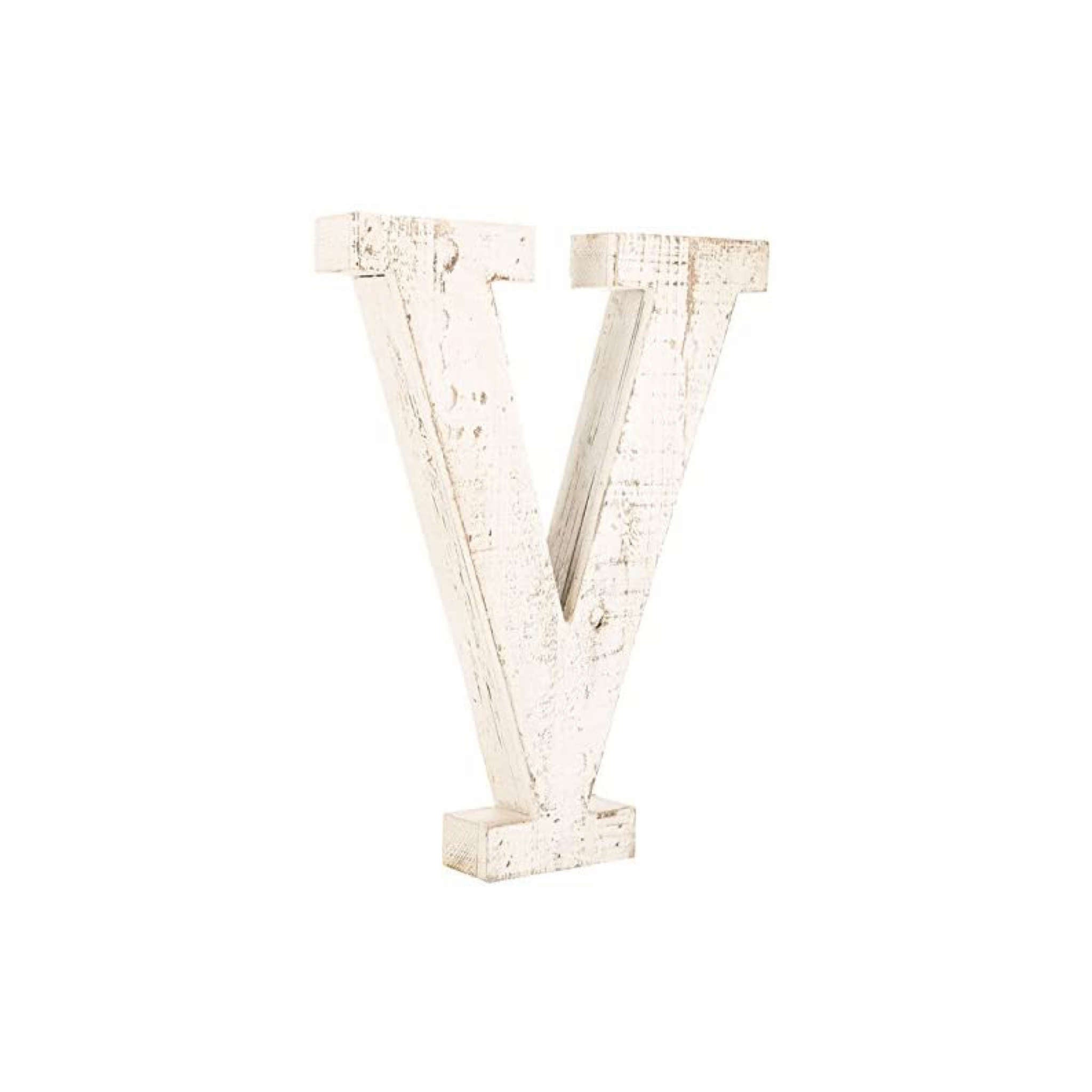 16" Distressed White Wash Wooden Initial Letter V Sculpture