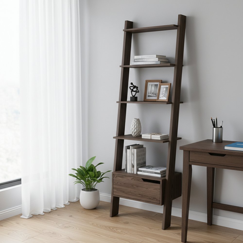 70" Brown Five Tier Ladder Bookcase with A Drawer