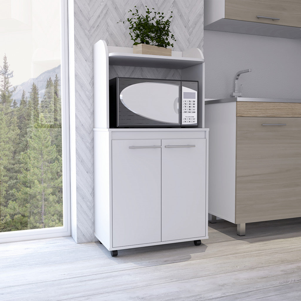 25" White Wood Rolling Kitchen Cart With Storage