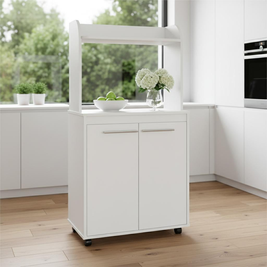 25" White Wood Rolling Kitchen Cart With Storage
