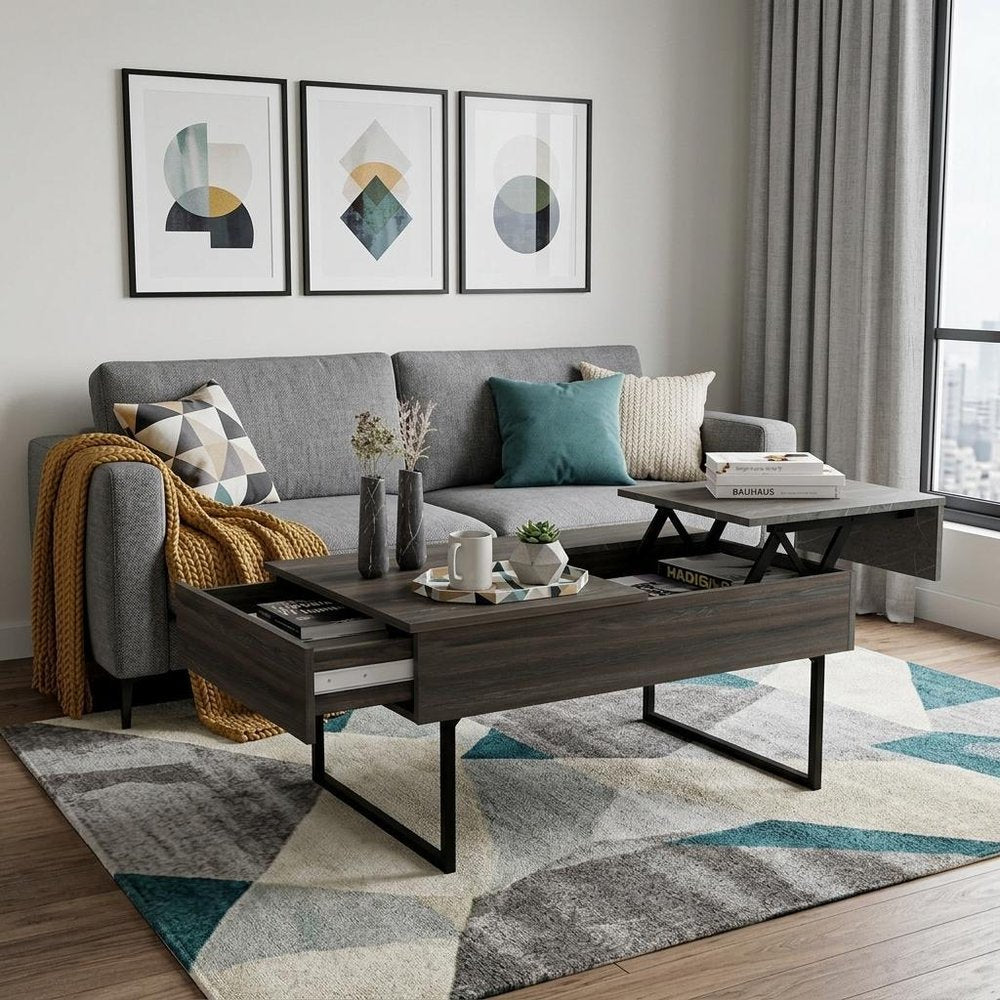 39" Espresso And Black Metal Lift Top Coffee Table With Drawer