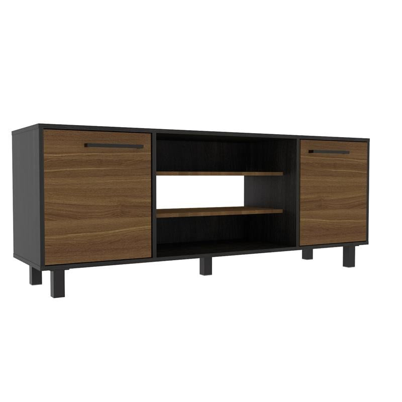 59" Brown And Black Particle Board Open Shelving TV Stand