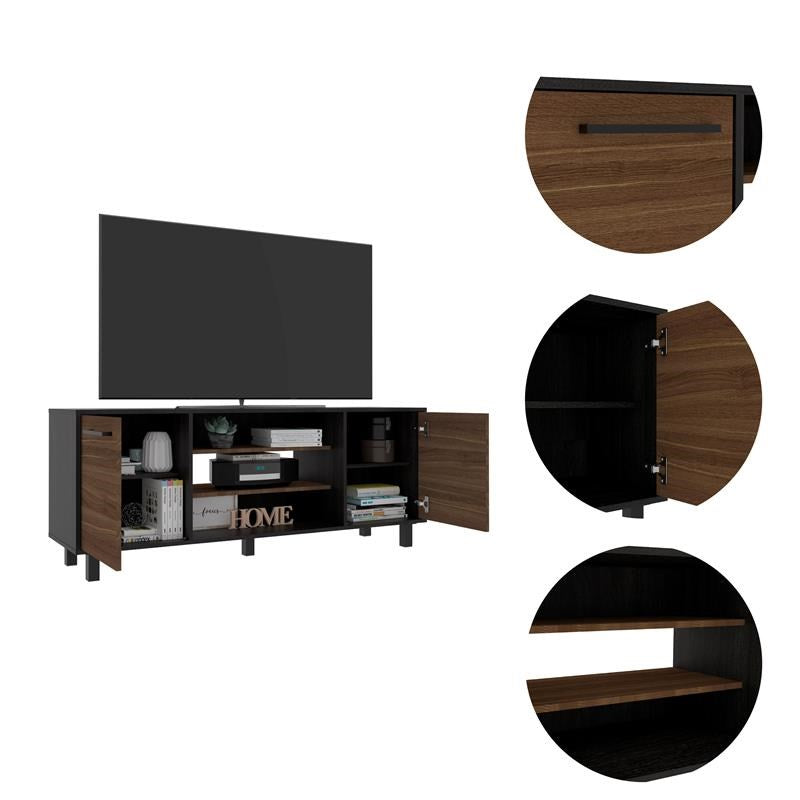 59" Brown And Black Particle Board Open Shelving TV Stand