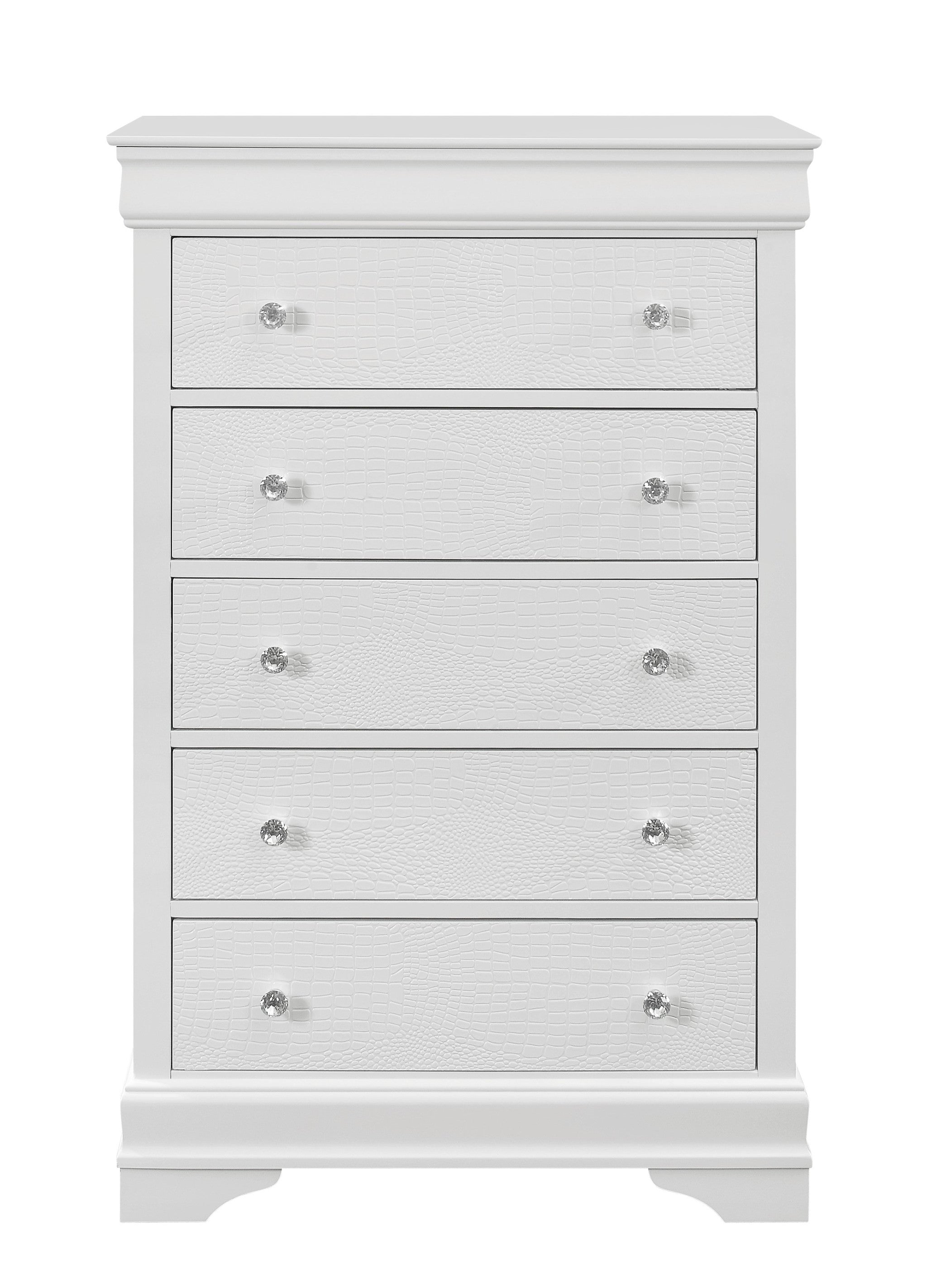 31" Metallic White Solid Wood Five Drawer Chest