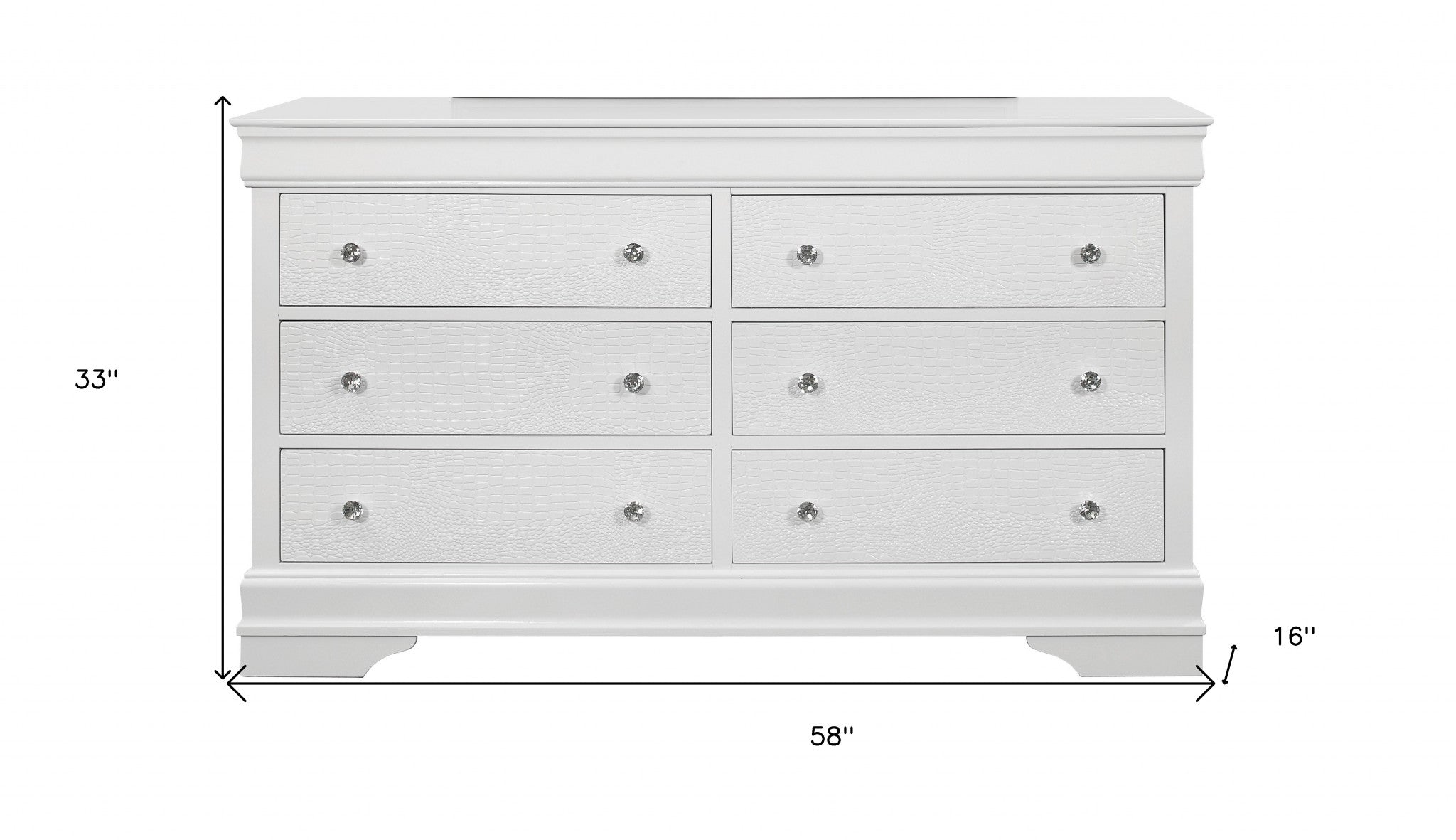 58" Metallic White Solid Wood Six Drawer Double Dresser