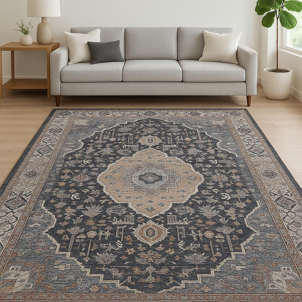 8' X 10' Black Oriental Stain Resistant Area Rug