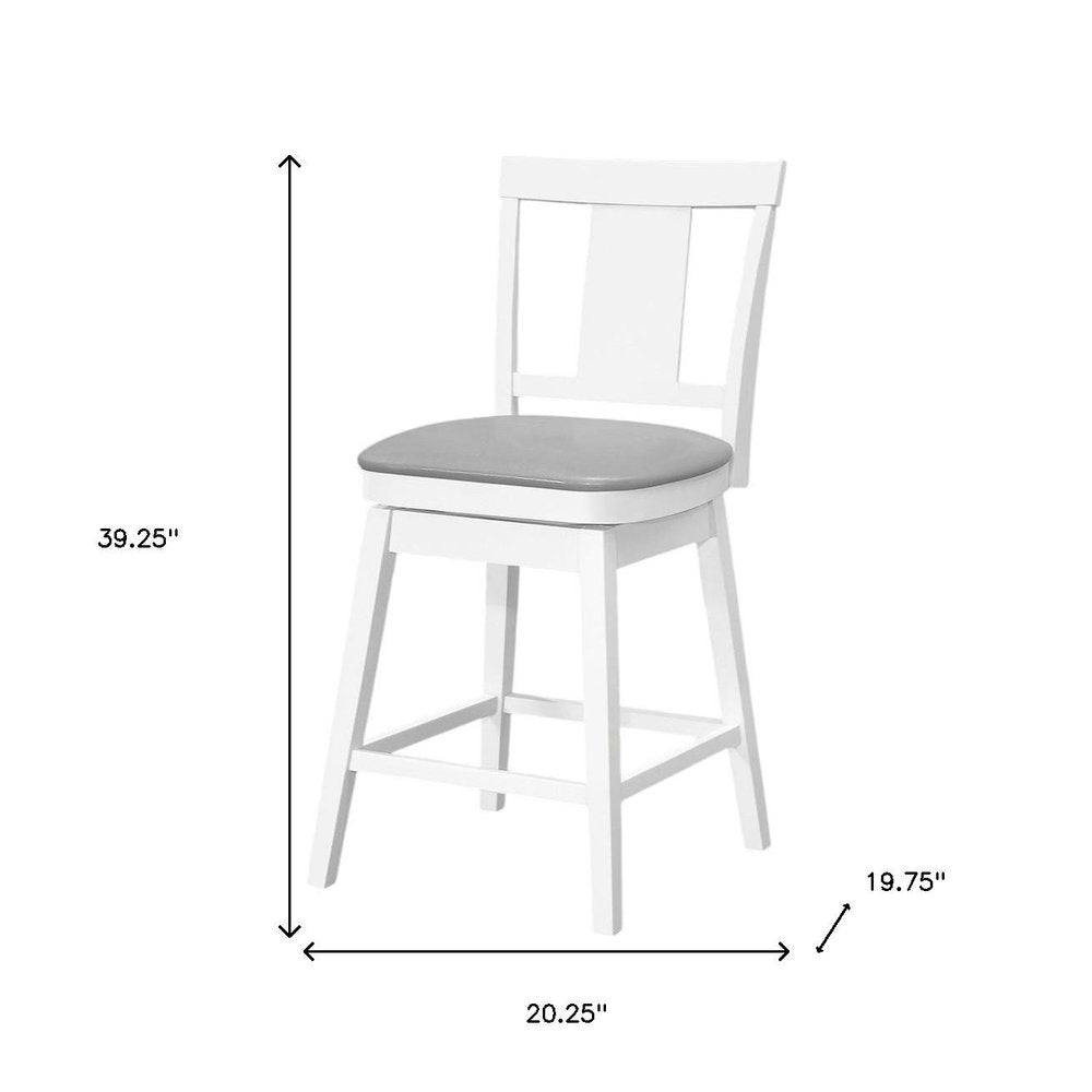 Set of Two 23" Gray And White Faux Leather And Faux Leather And Solid Wood Counter Height Swivel Bar Chairs
