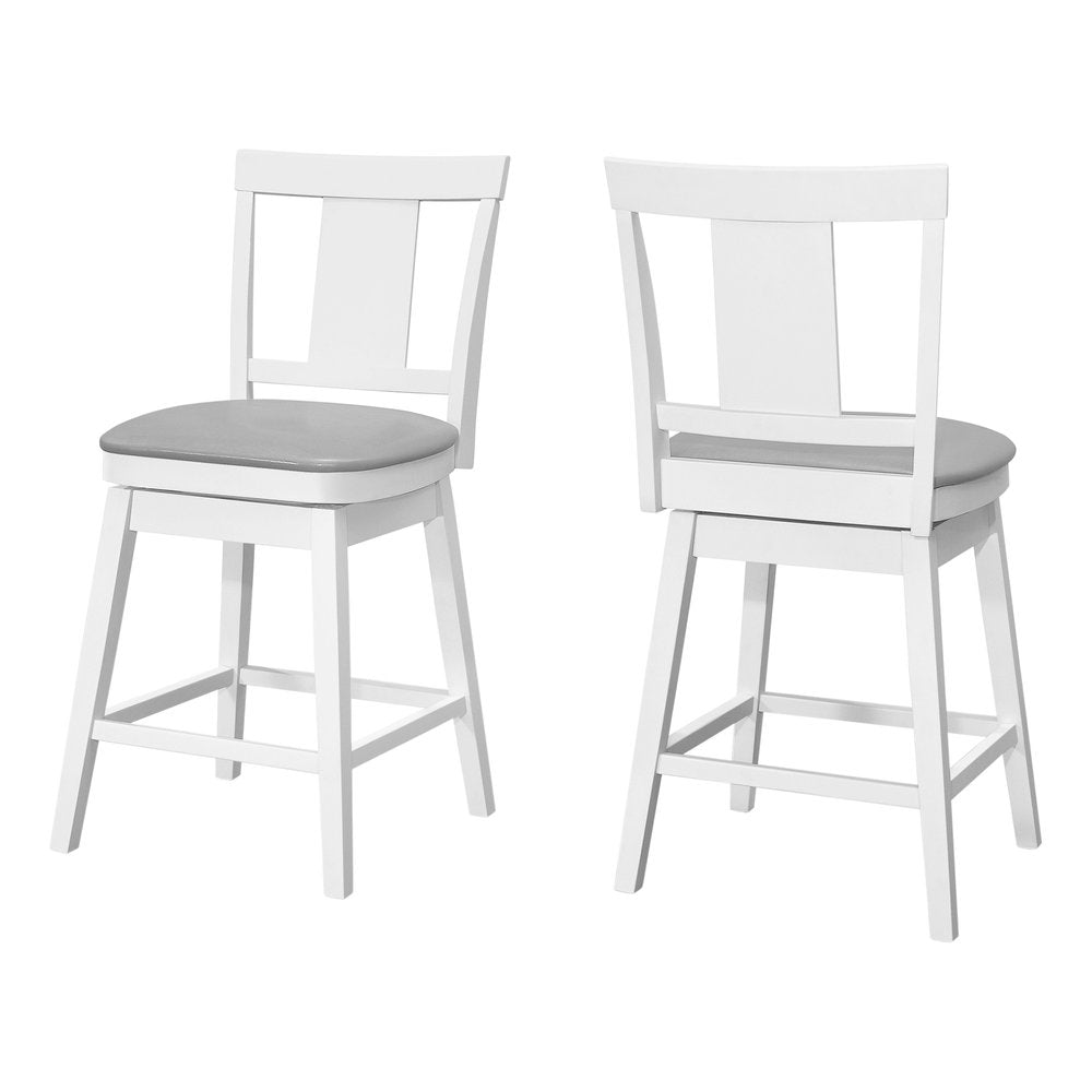 Set of Two 23" Gray And White Faux Leather And Faux Leather And Solid Wood Counter Height Swivel Bar Chairs