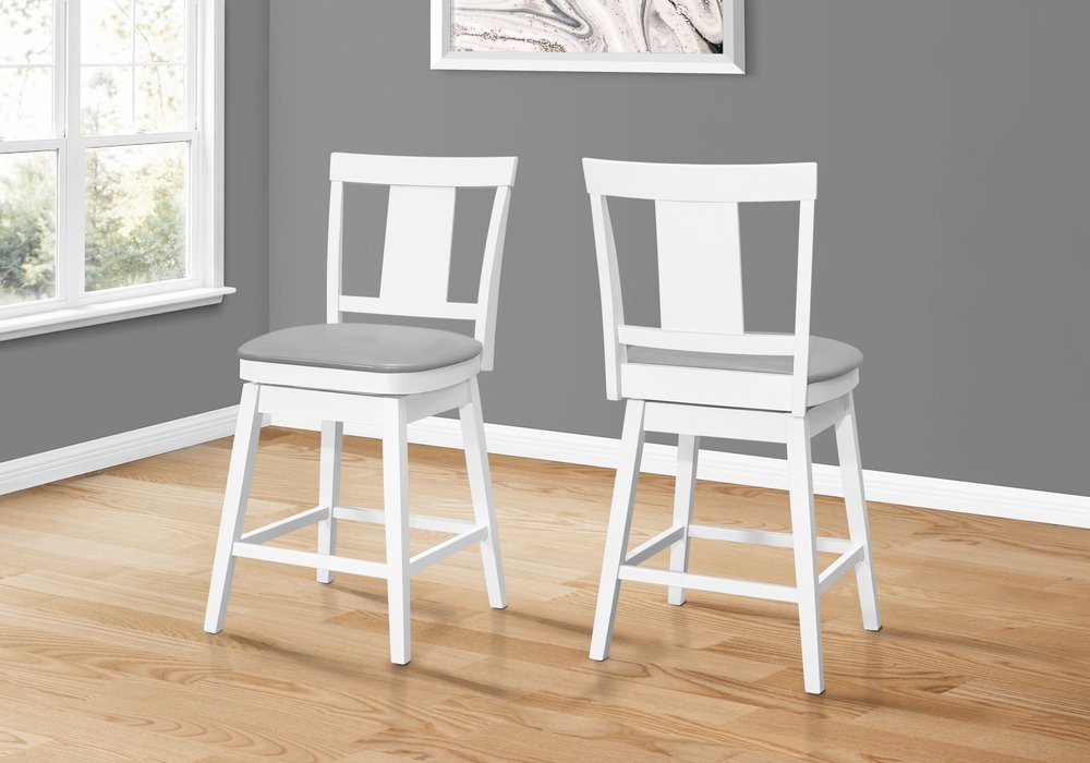 Set of Two 23" Gray And White Faux Leather And Faux Leather And Solid Wood Counter Height Swivel Bar Chairs