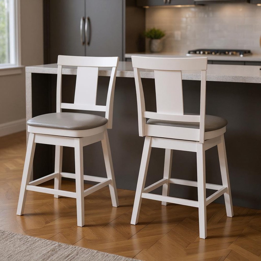 Set of Two 23" Gray And White Faux Leather And Faux Leather And Solid Wood Counter Height Swivel Bar Chairs