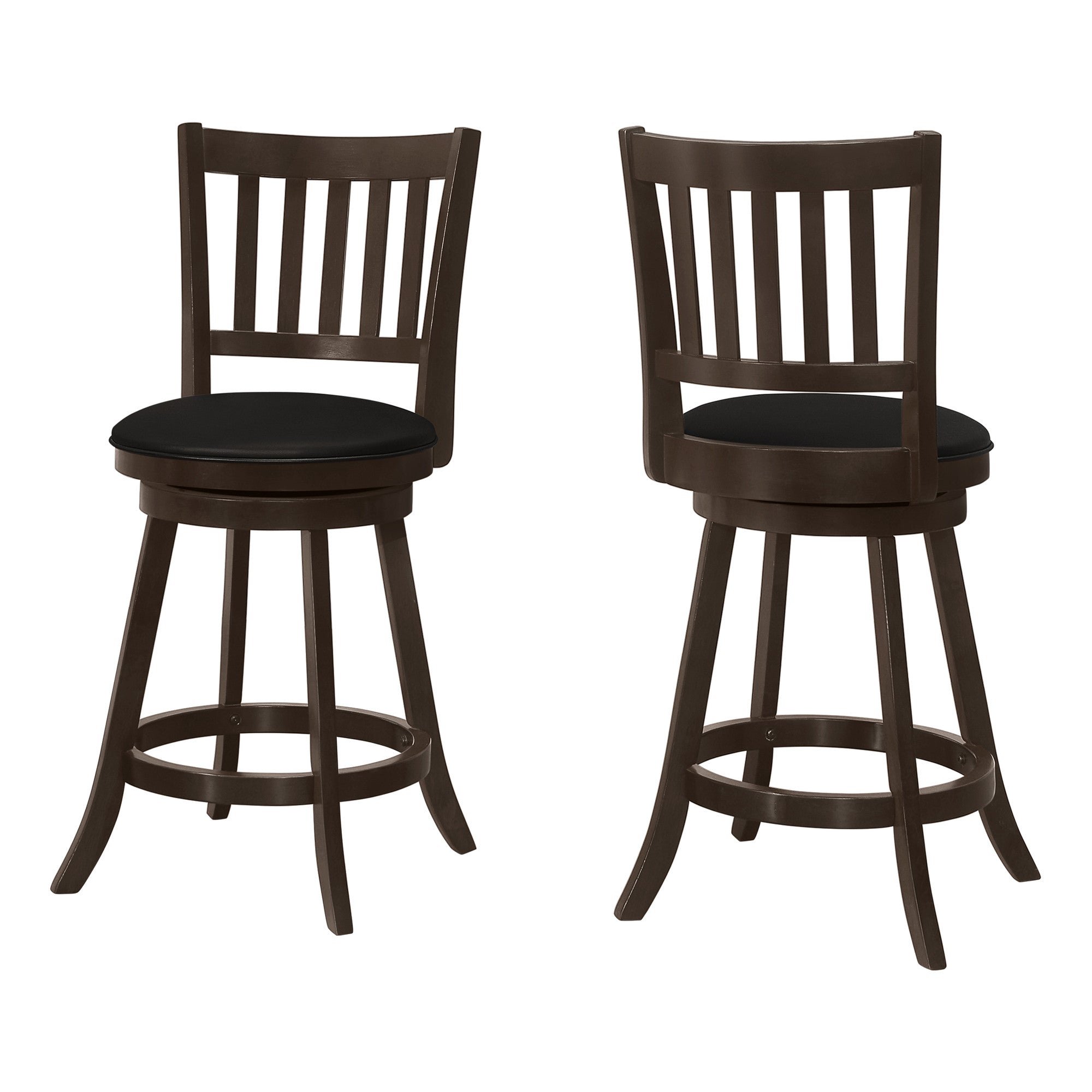 Set of Two 23 " Black And Espresso Faux Leather And Solid Wood Swivel Counter Height Bar Chairs