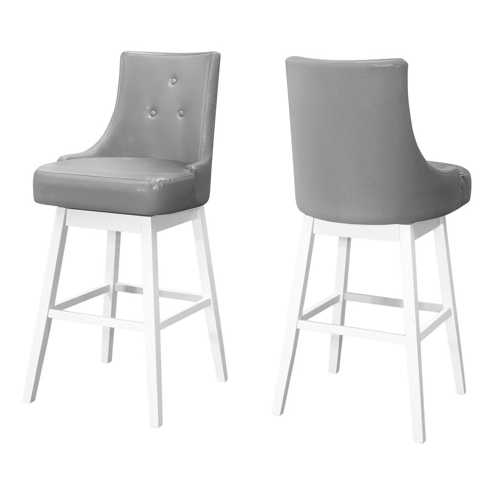 Set of Two 29" Gray And White Faux Leather And Fabric And Solid Wood Bar Height Swivel Bar Chairs