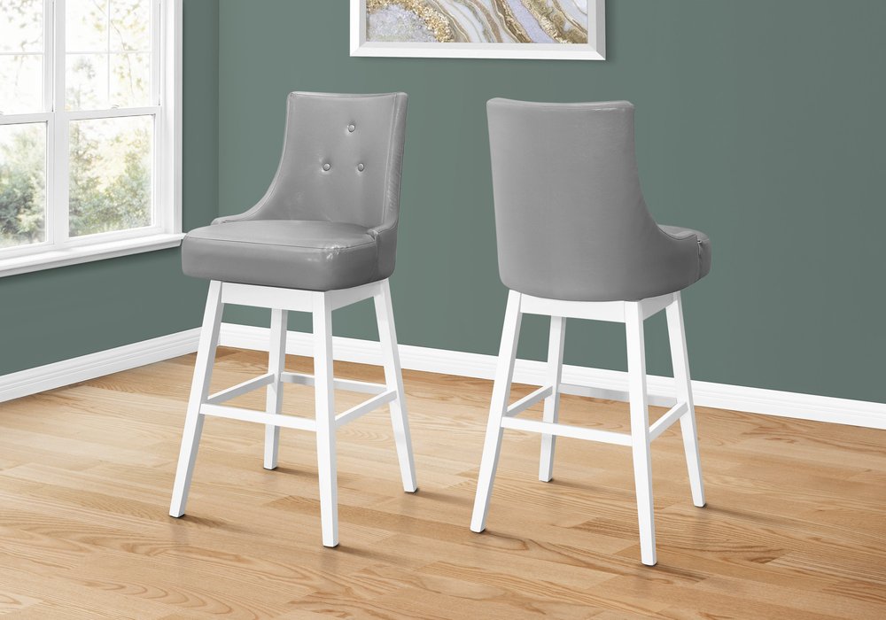 Set of Two 29" Gray And White Faux Leather And Fabric And Solid Wood Bar Height Swivel Bar Chairs
