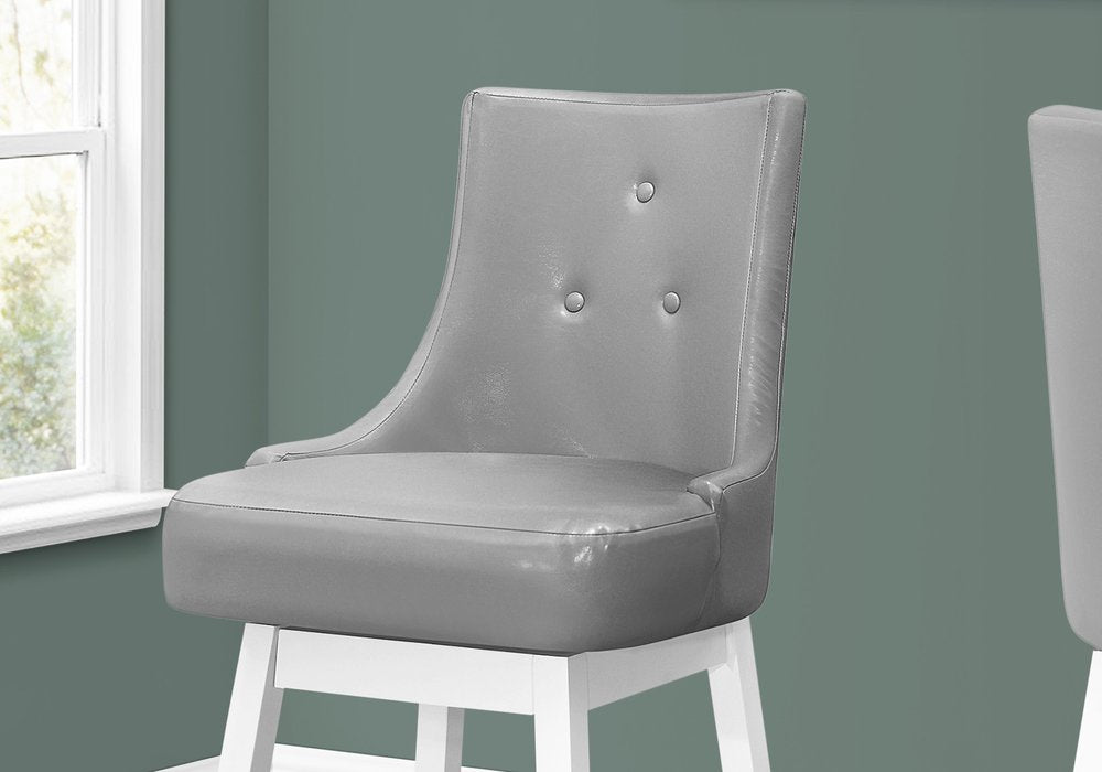 Set of Two 29" Gray And White Faux Leather And Fabric And Solid Wood Bar Height Swivel Bar Chairs