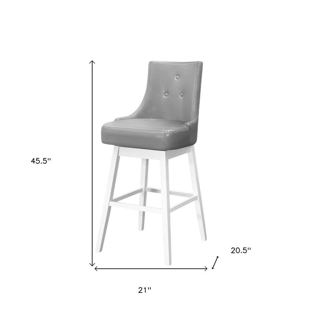 Set of Two 29" Gray And White Faux Leather And Fabric And Solid Wood Bar Height Swivel Bar Chairs