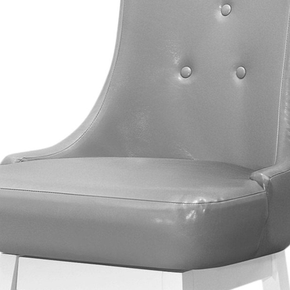 Set of Two 29" Gray And White Faux Leather And Fabric And Solid Wood Bar Height Swivel Bar Chairs