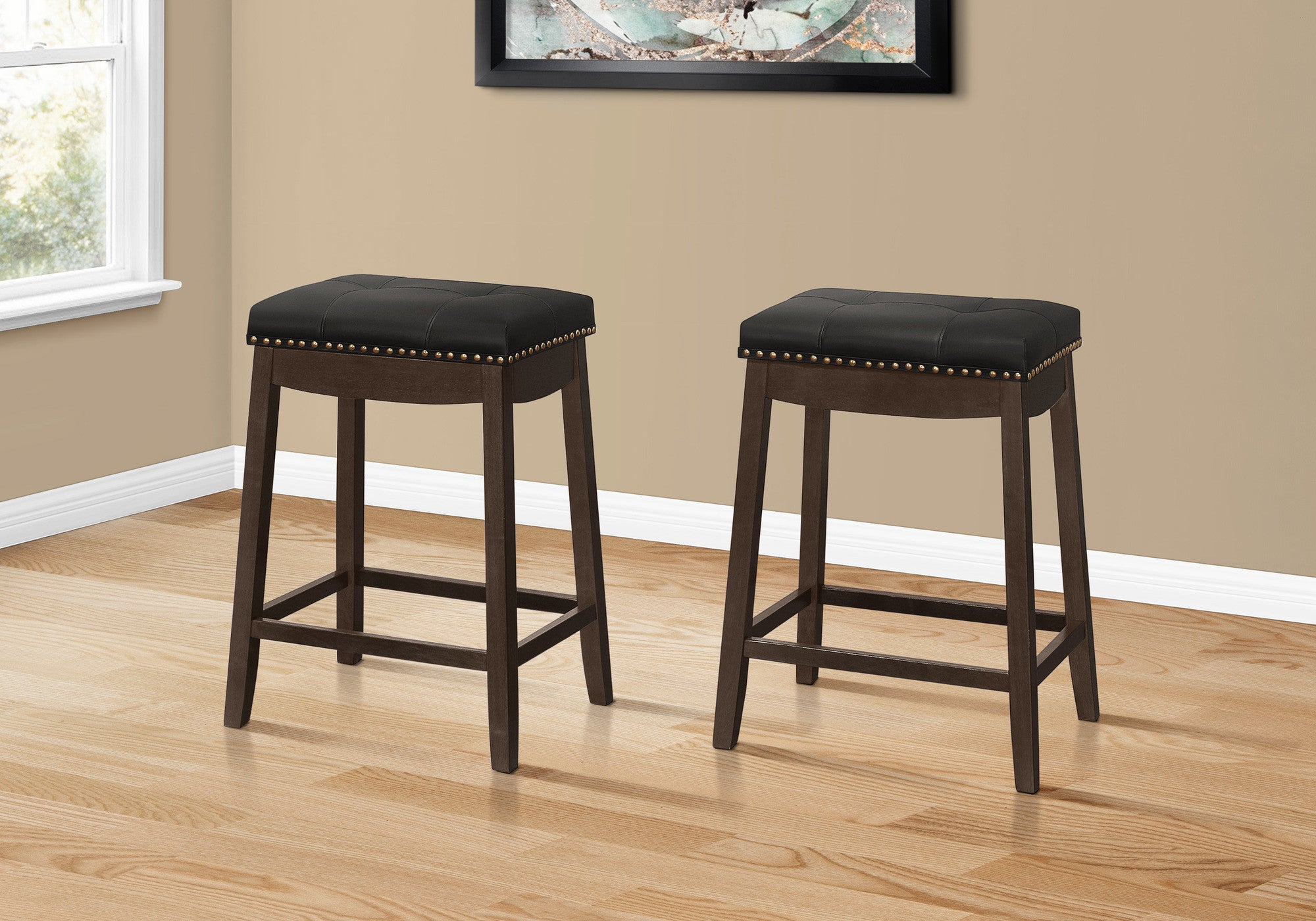 Set of Two 25 " Black And Espresso Faux Leather And Solid Wood Backless Counter Height Bar Chairs