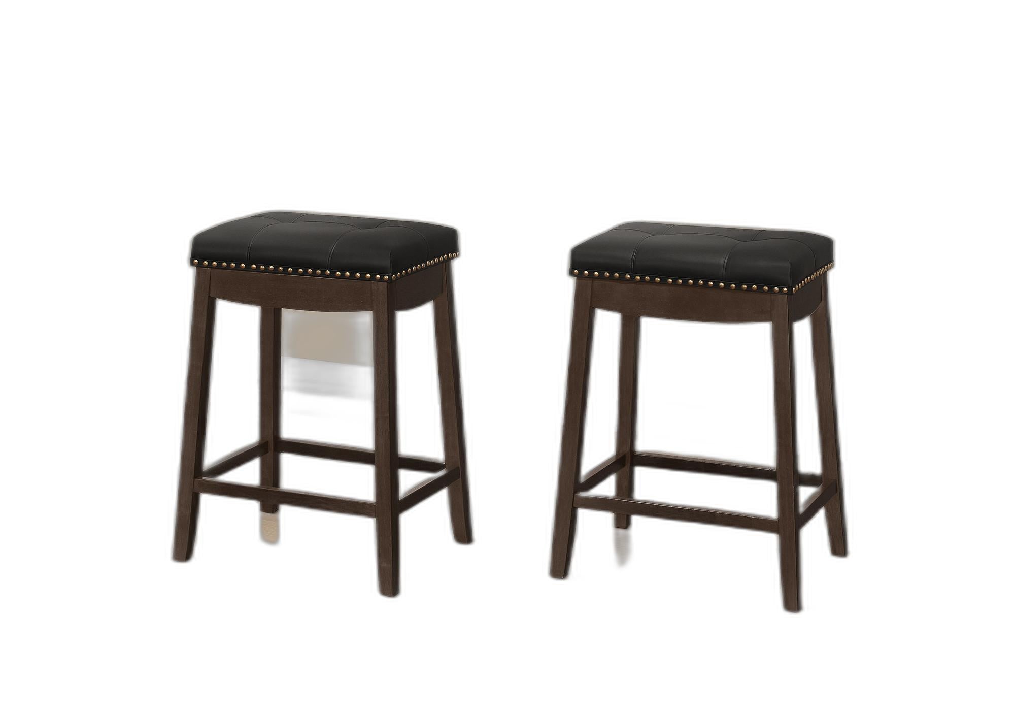 Set of Two 25 " Black And Espresso Faux Leather And Solid Wood Backless Counter Height Bar Chairs