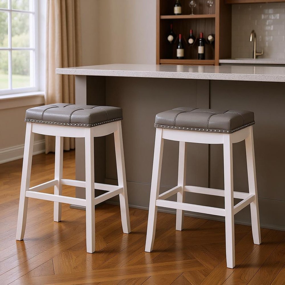 Set of Two 30" Gray and White Faux Leather and Solid Wood Backless Bar Height Bar Chairs