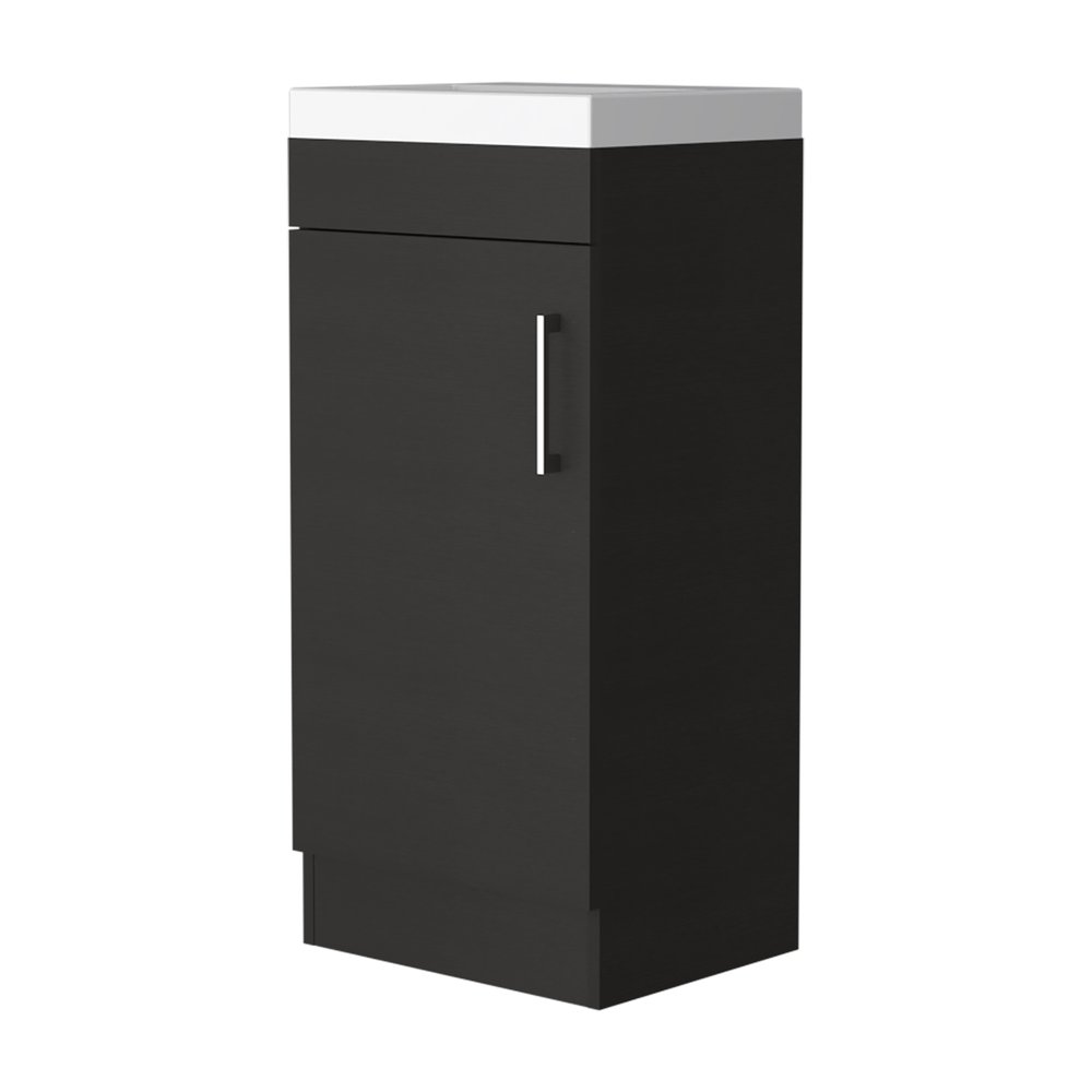 16" Black Wood Freestanding Single Door Bathroom Vanity With White Sink