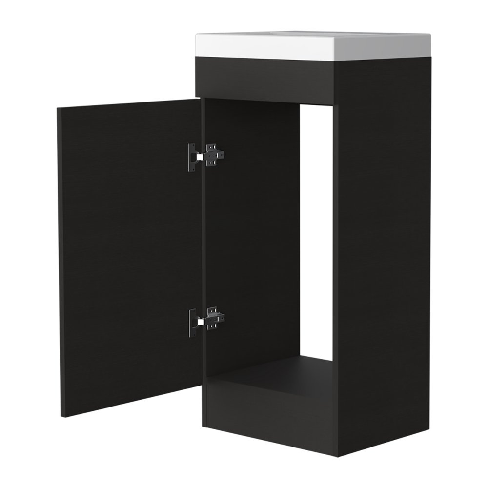 16" Black Wood Freestanding Single Door Bathroom Vanity With White Sink