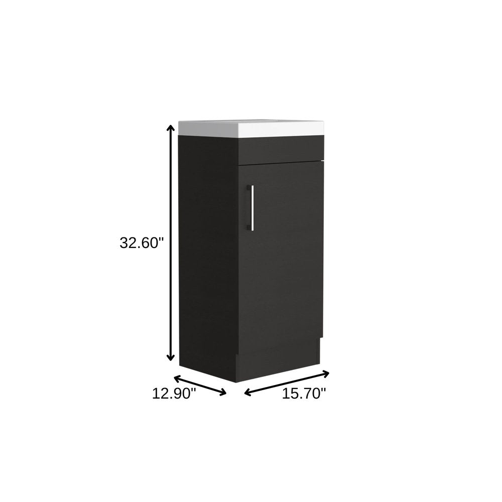 16" Black Wood Freestanding Single Door Bathroom Vanity With White Sink