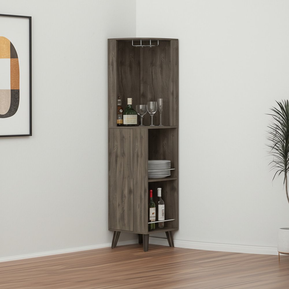 73" Dark Brown Wood Corner Bar Cabinet With One Drawer
