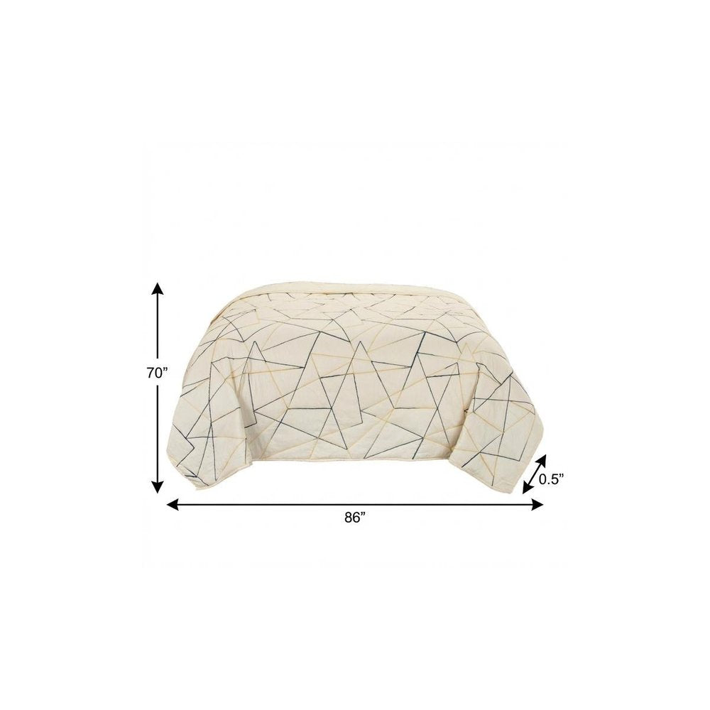 86" X 70" Gray And Ivory Geometric Cotton Quilt