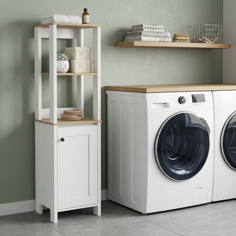 16" White And Natural Wood Freestanding Single Door Bathroom Vanity