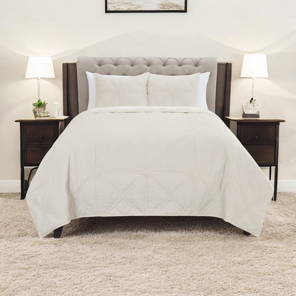 Set of Three Ivory Geometric Queen Quilt