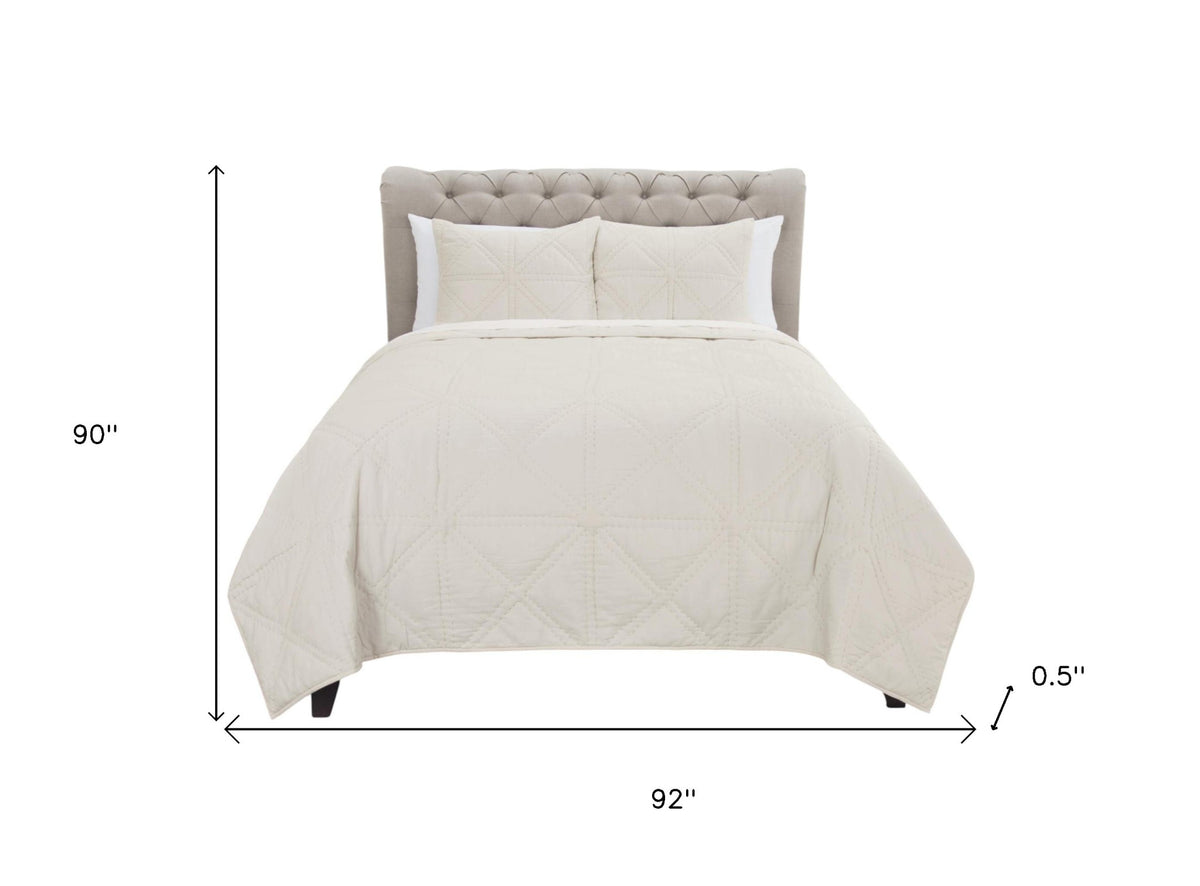 Set of Three Ivory Geometric Queen Quilt
