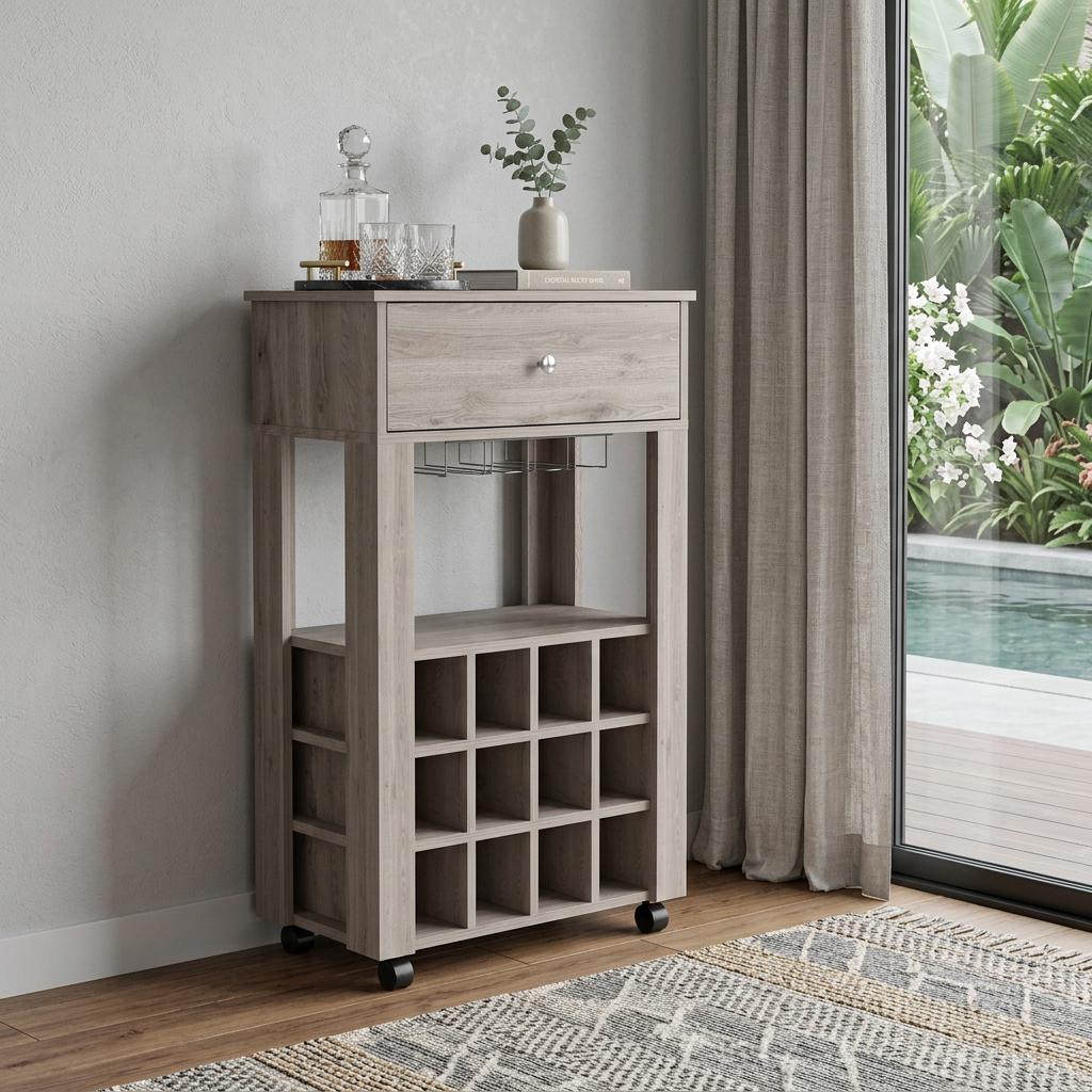 Light Gray Rolling Bar Cart With Wine Storage