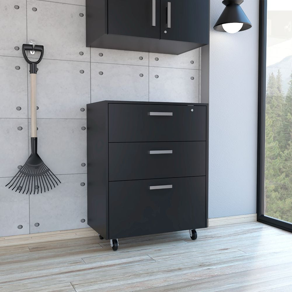 35" Black Wood Three Drawers Filing Cabinet