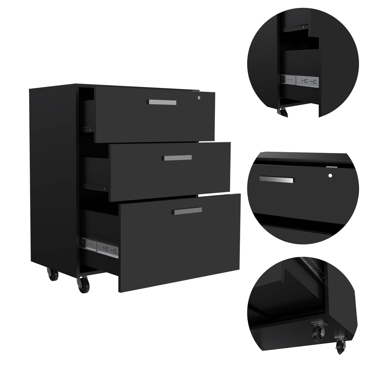 35" Black Wood Three Drawers Filing Cabinet