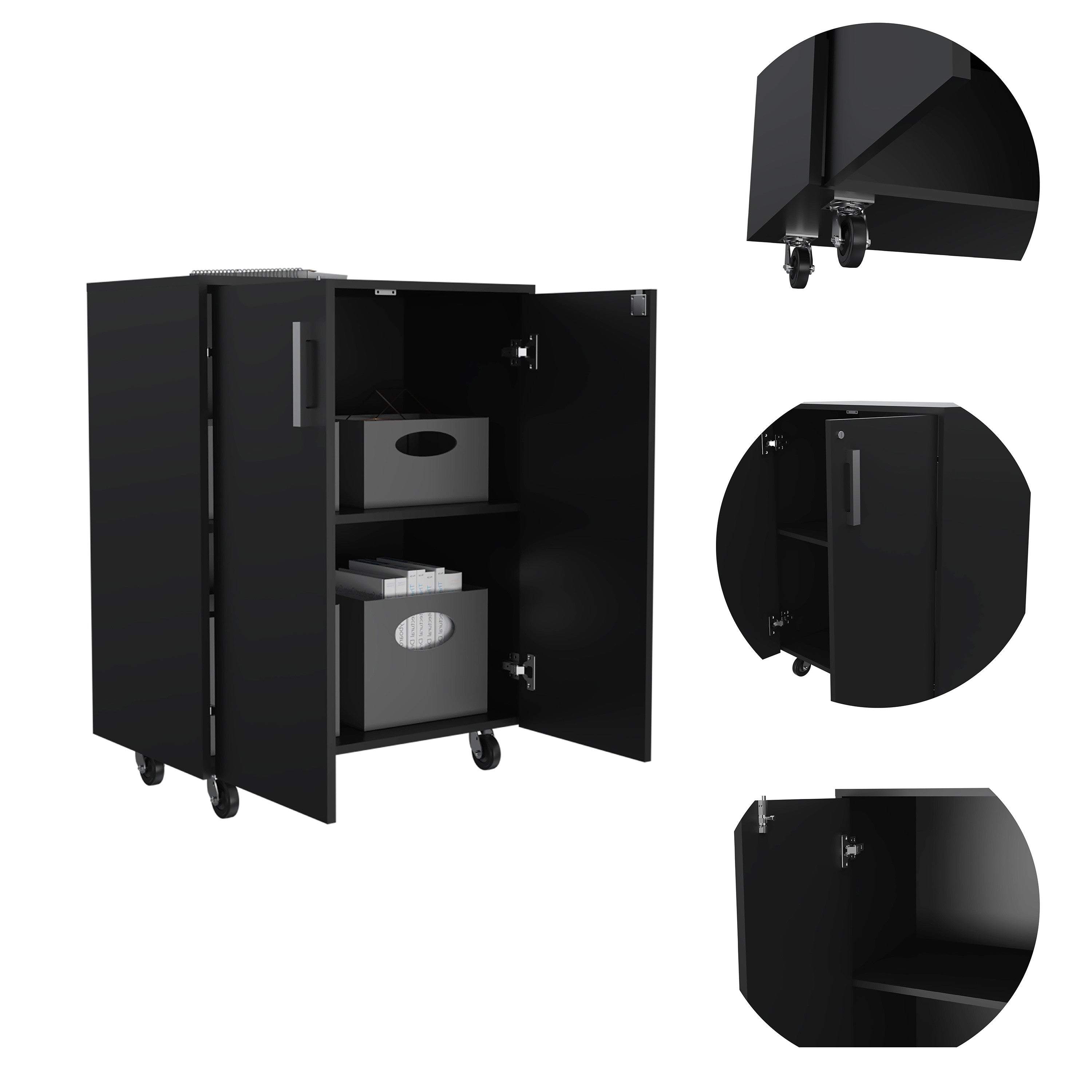 35" Black Wood Rolling Storage Cabinet With Two Doors