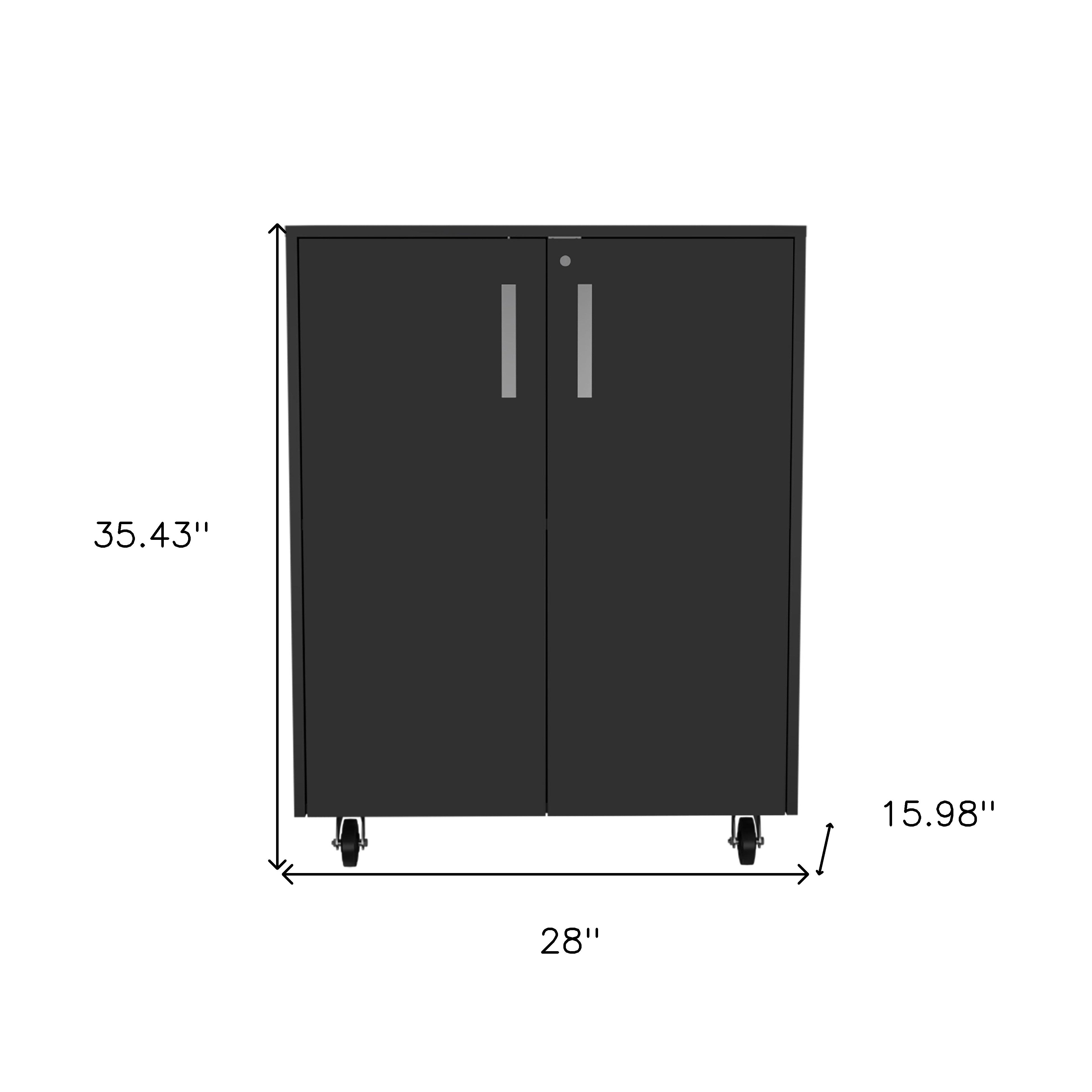 35" Black Wood Rolling Storage Cabinet With Two Doors