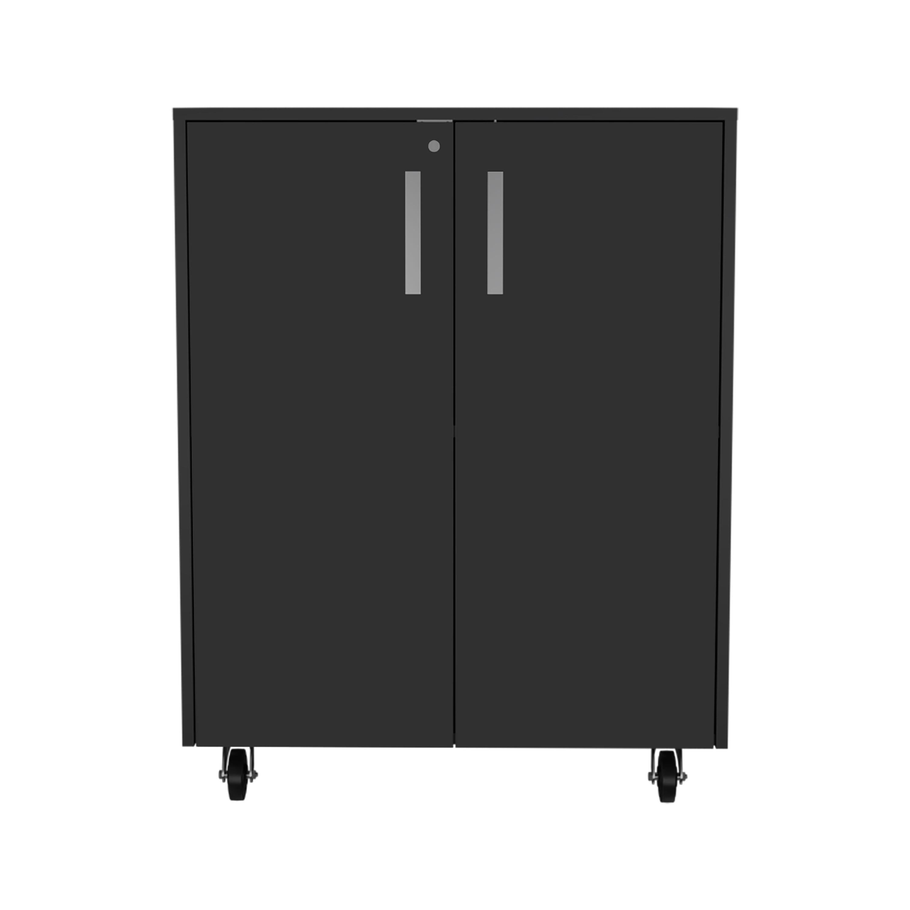 35" Black Wood Rolling Storage Cabinet With Two Doors