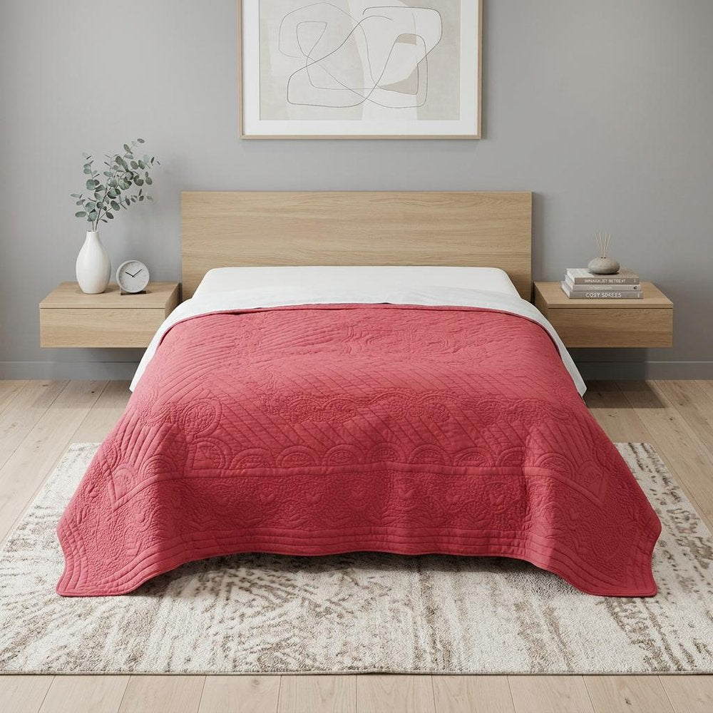 92" X 90" Coral Floral Cotton Quilt