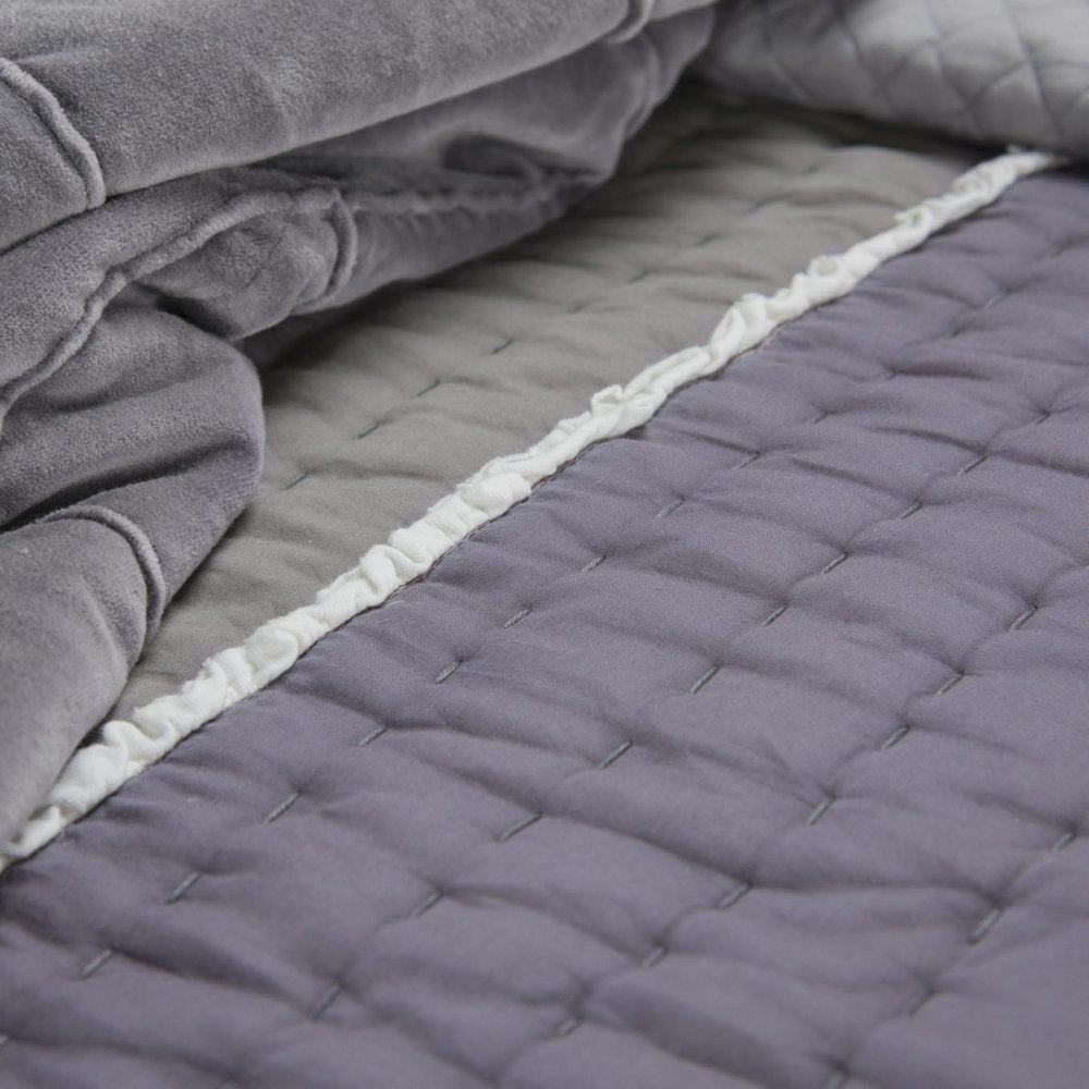 92" X 106" Cream Gray And Pale Purple Striped Cotton Quilt
