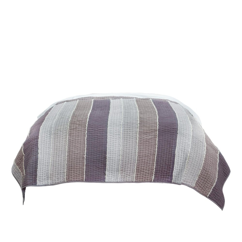 92" X 106" Cream Gray And Pale Purple Striped Cotton Quilt