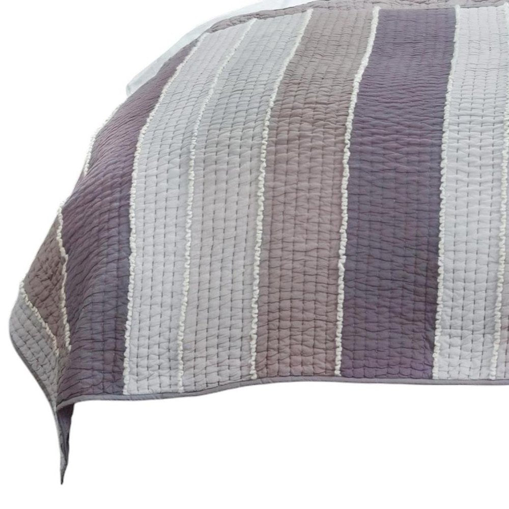 92" X 106" Cream Gray And Pale Purple Striped Cotton Quilt