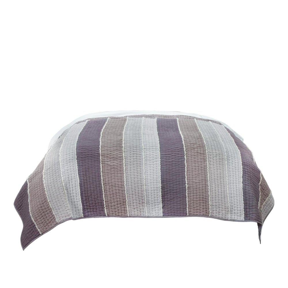 92" X 106" Cream Gray And Pale Purple Striped Cotton Quilt
