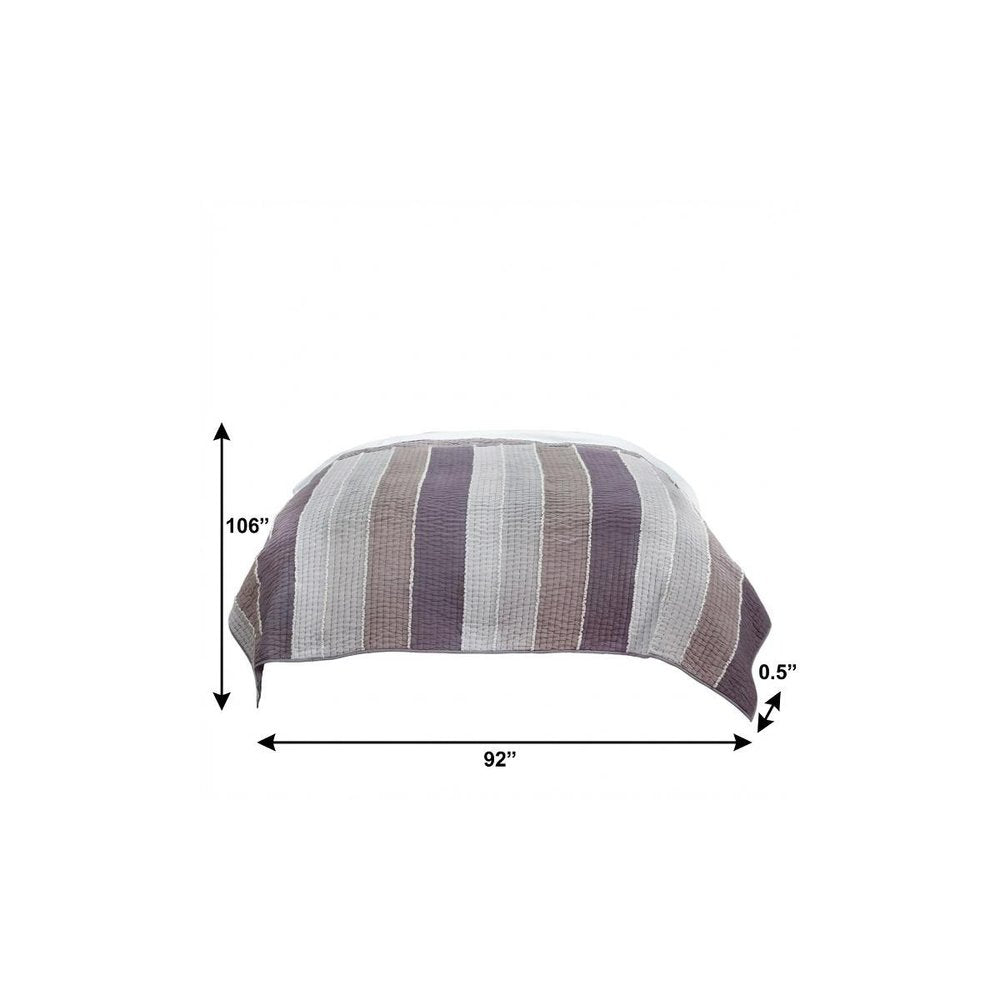 92" X 106" Cream Gray And Pale Purple Striped Cotton Quilt