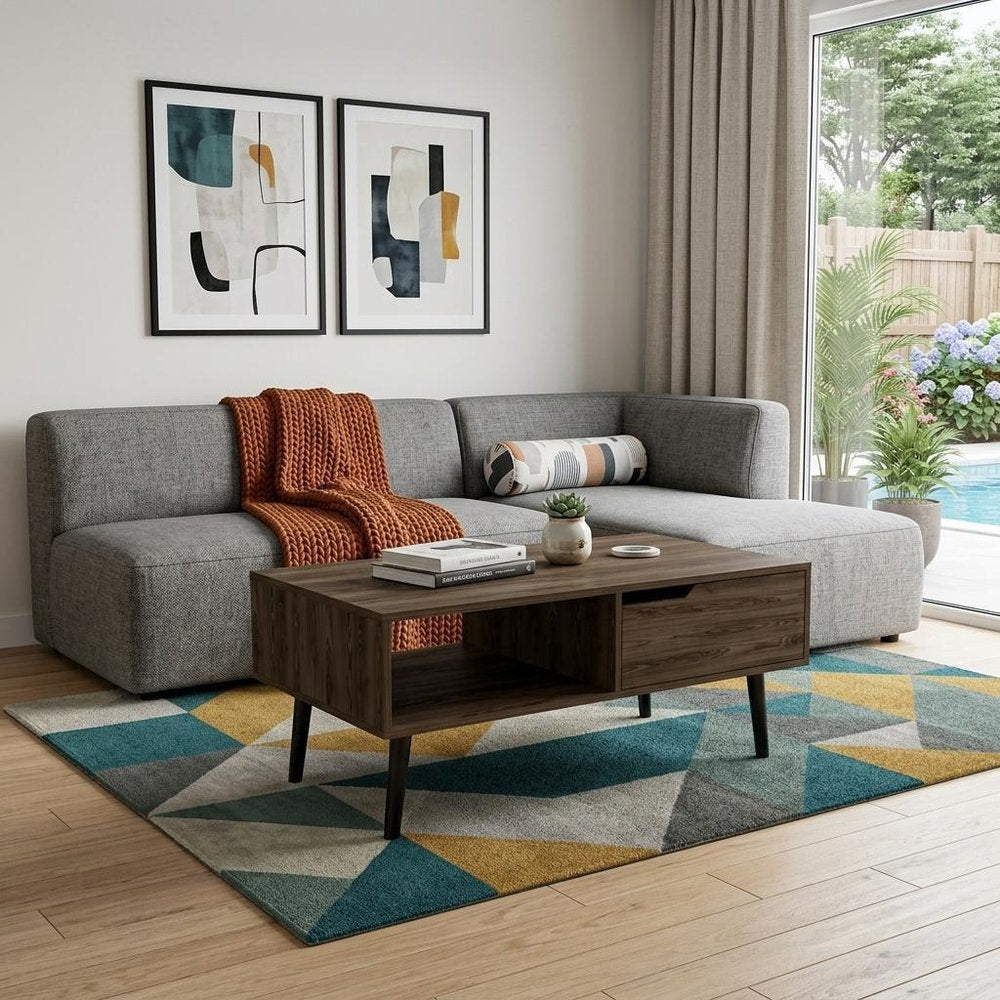 40" Brown And Black Coffee Table With Drawer And Shelf