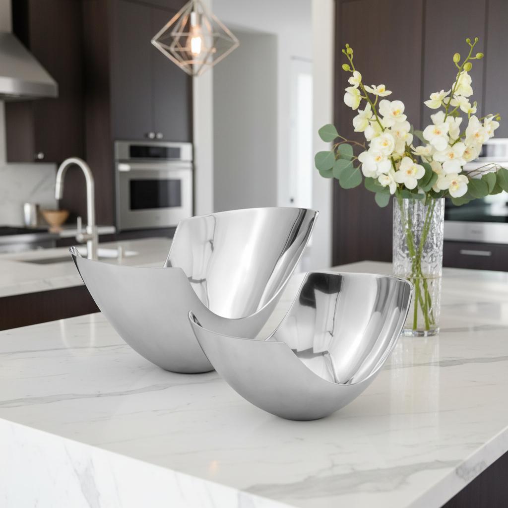 Set of Two Mod Aluminum Scoop Centerpiece Bowls
