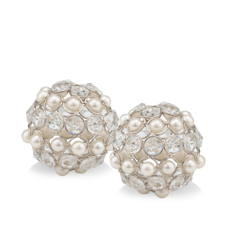 Set of Two Silver and Clear Faux Crystal and Pearl Decorative Orbs